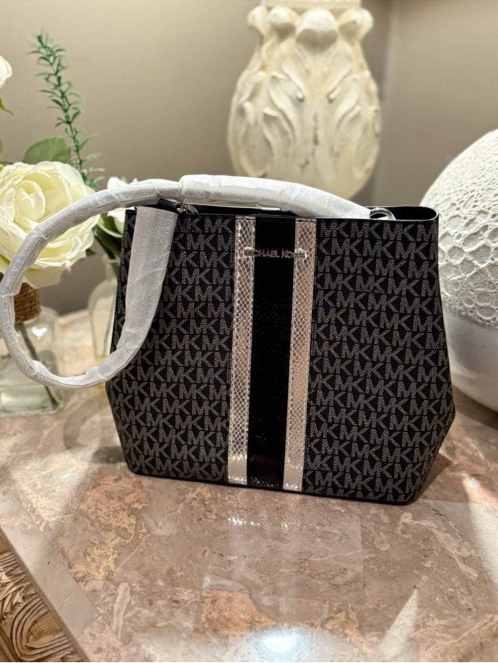 Michael Kors Black MK Signature Tote with Silver Stripe
